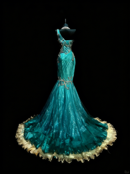 Robe de bal longue sirène asymétrique à volants dorés et perles, style princesse, référence N979