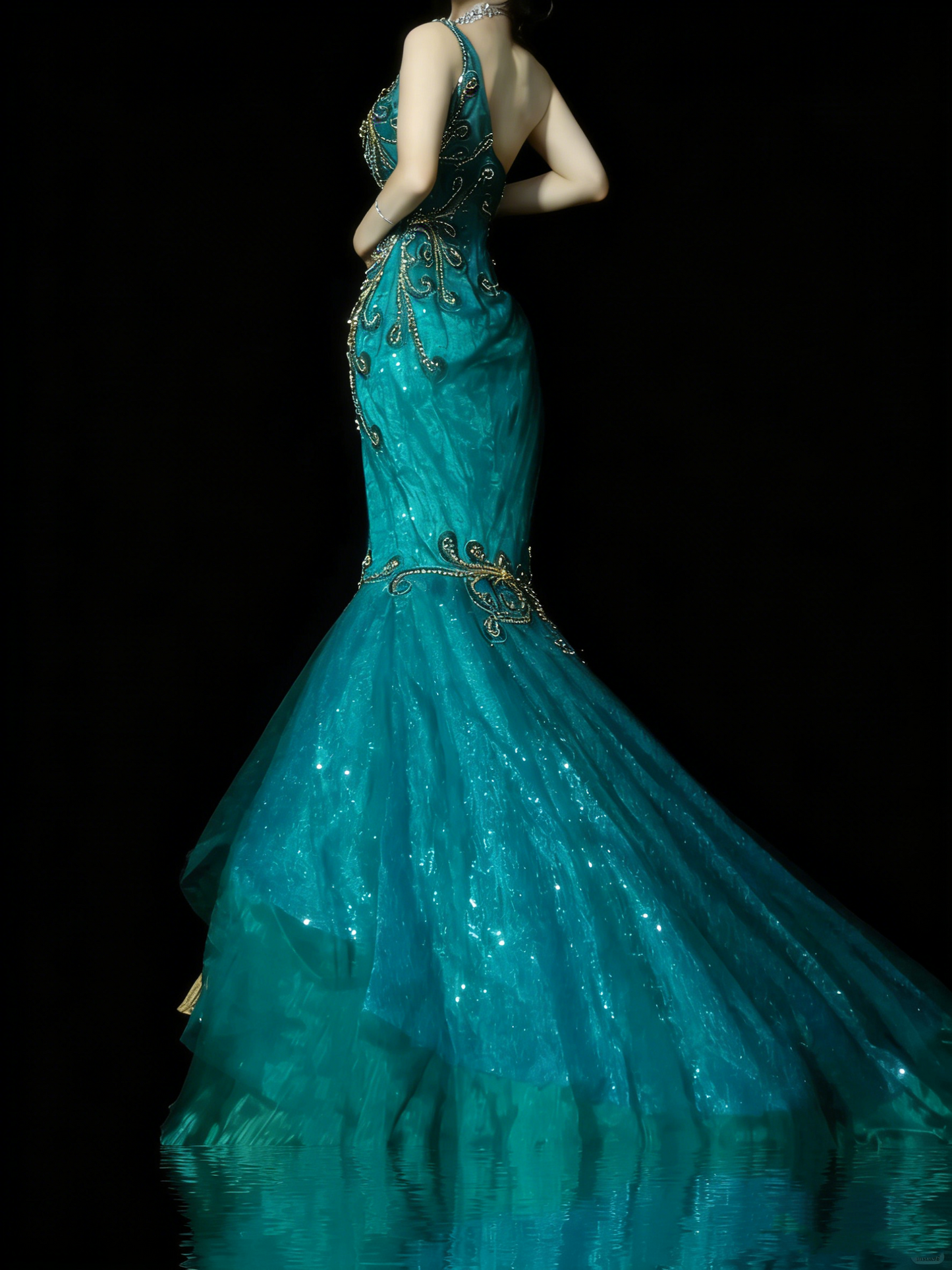 Robe de bal longue sirène asymétrique à volants dorés et perles, style princesse, référence N979