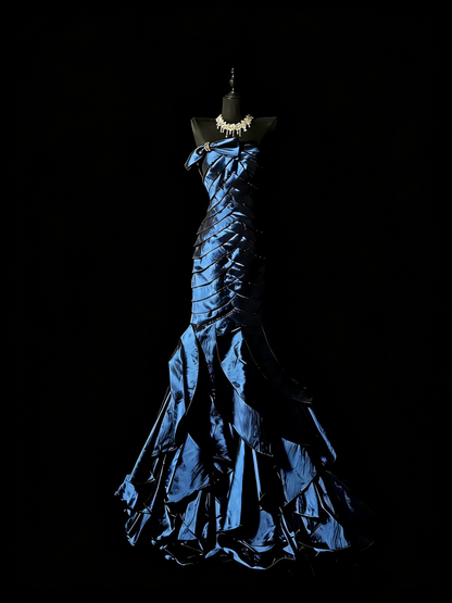 Robe de soirée sirène rétro bustier bleu marine à volants, robe de bal longue, robe de soirée élégante pour les élèves de terminale N980