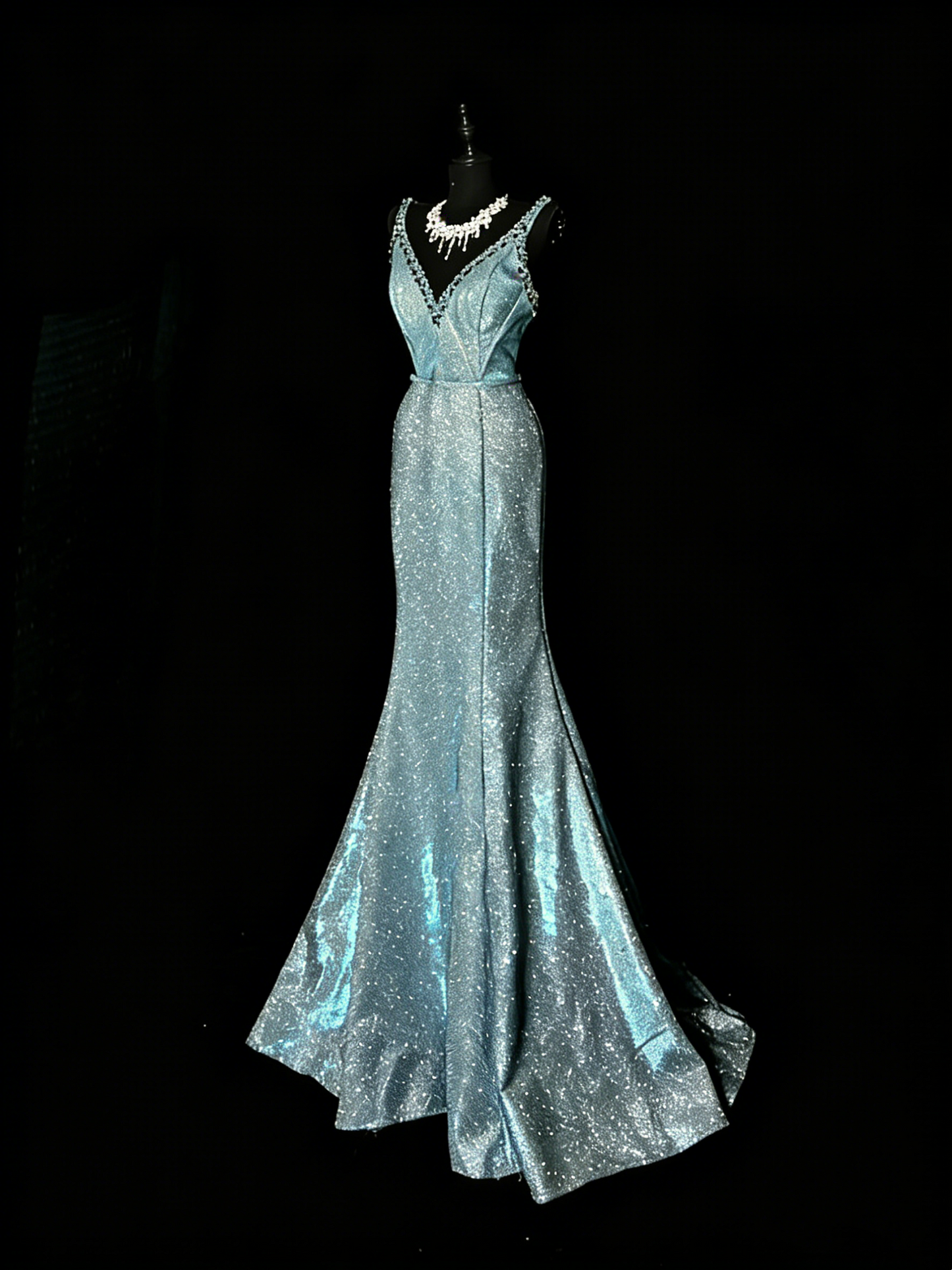 Robe de bal longue sirène à sequins bleus, col en V, sublime, tenue de soirée formelle N982