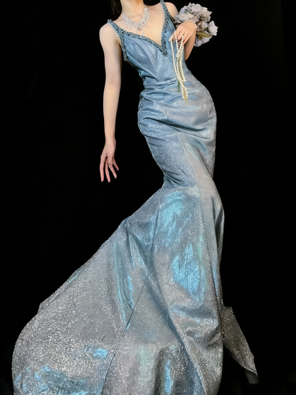 Robe de bal longue sirène à sequins bleus, col en V, sublime, tenue de soirée formelle N982