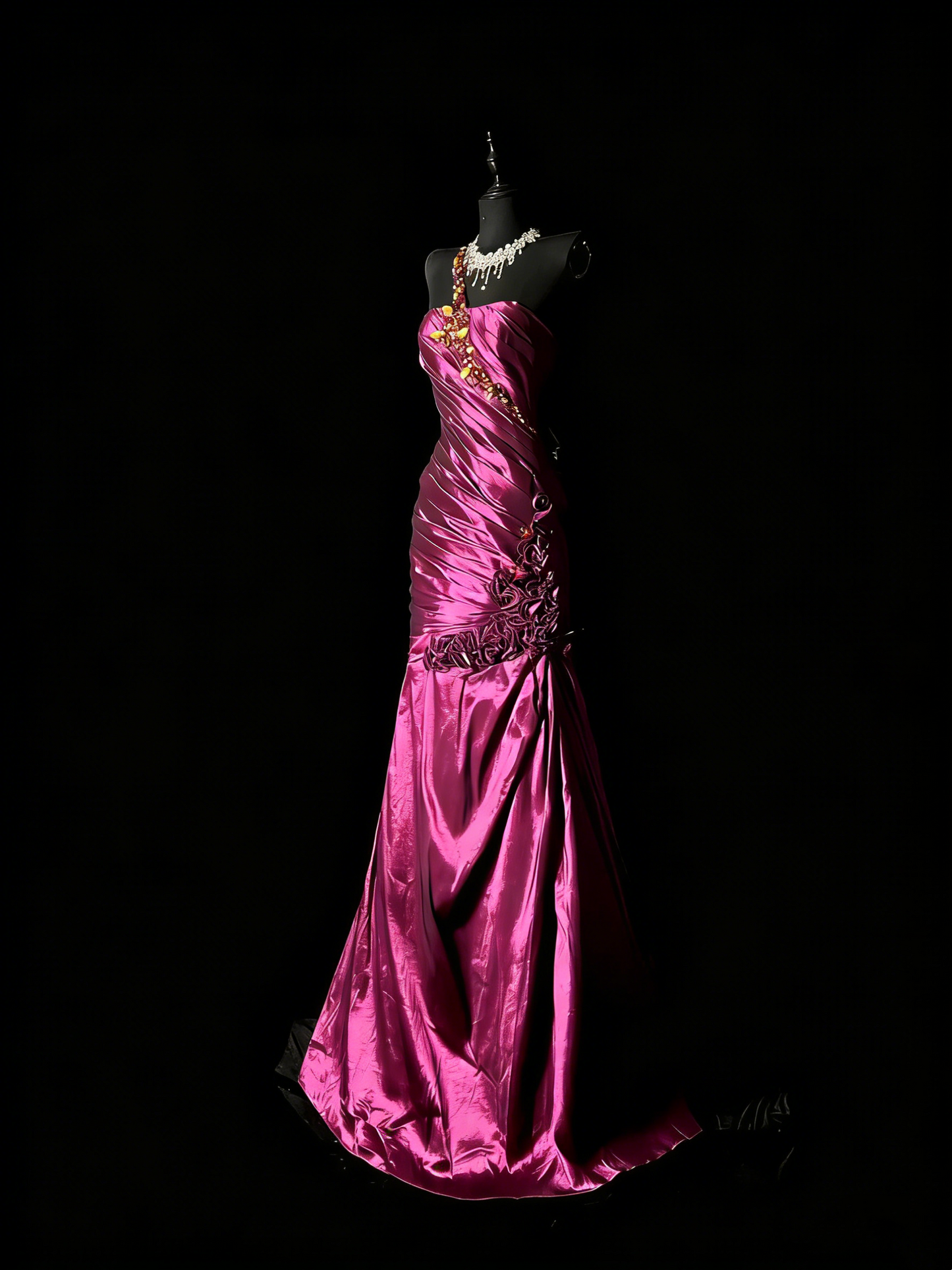 Robe de bal longue en satin fuchsia à une épaule, dos nu et style sirène, N983