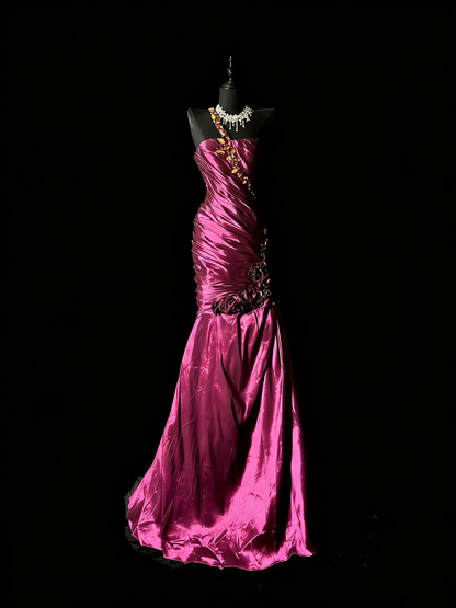 Robe de bal longue en satin fuchsia à une épaule, dos nu et style sirène, N983