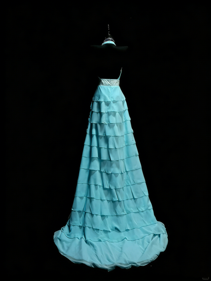 Robe de bal longue princesse bleu marine en mousseline à volants étagés, coupe trapèze, dos nu, style princesse, référence N985
