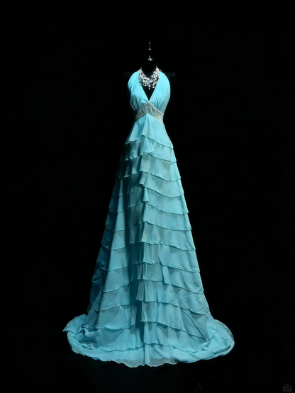 Robe de bal longue princesse bleu marine en mousseline à volants étagés, coupe trapèze, dos nu, style princesse, référence N985