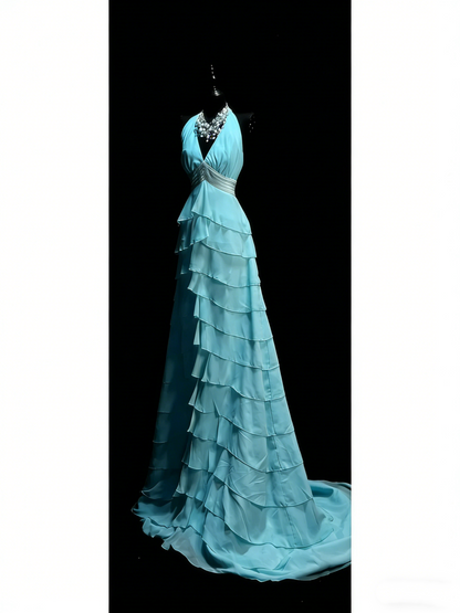 Robe de bal longue princesse bleu marine en mousseline à volants étagés, coupe trapèze, dos nu, style princesse, référence N985