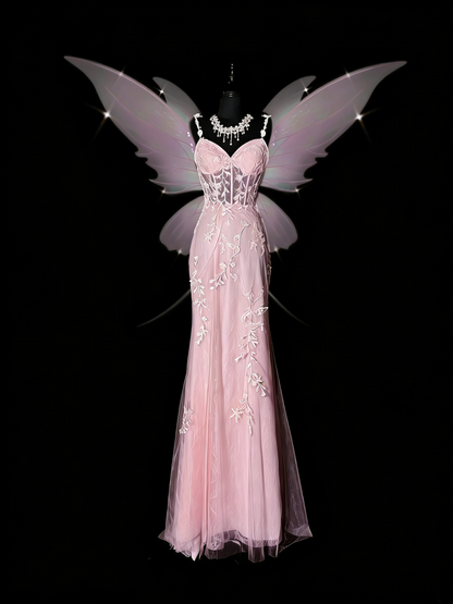 Robe de bal longue sirène à fines bretelles en tulle rose poudré et dentelle, tenue de soirée formelle N987