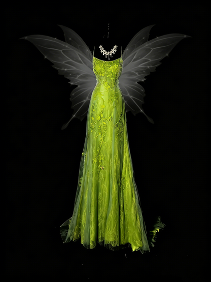 Robe de bal longue sirène à fines bretelles en tulle vert et dentelle, tenue de soirée formelle N989