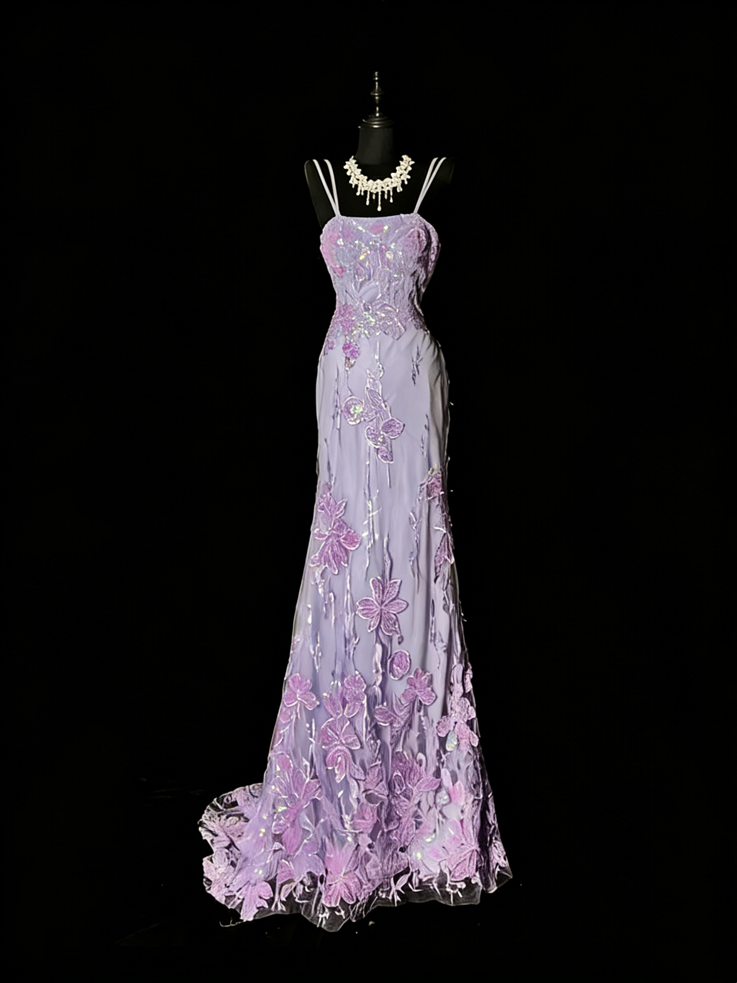 Robe de bal longue sirène à fines bretelles en tulle lilas et dentelle, tenue de soirée formelle N988