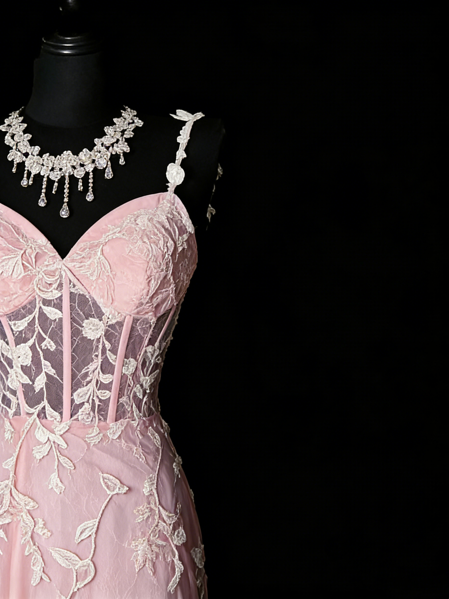 Robe de bal longue sirène à fines bretelles en tulle rose poudré et dentelle, tenue de soirée formelle N987
