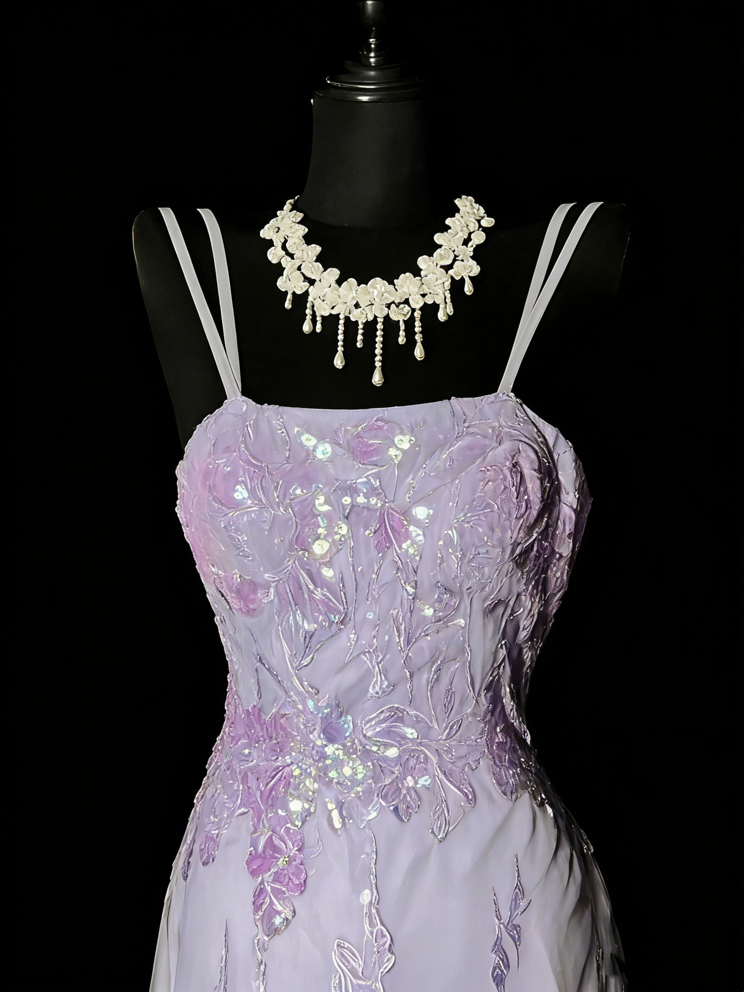 Robe de bal longue sirène à fines bretelles en tulle lilas et dentelle, tenue de soirée formelle N988