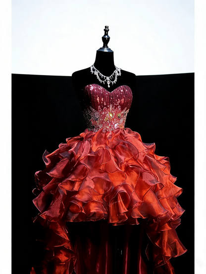 Robe de bal princesse bordeaux bustier cœur, corset à volants étagés, robe de soirée longue, tenue de cérémonie N990