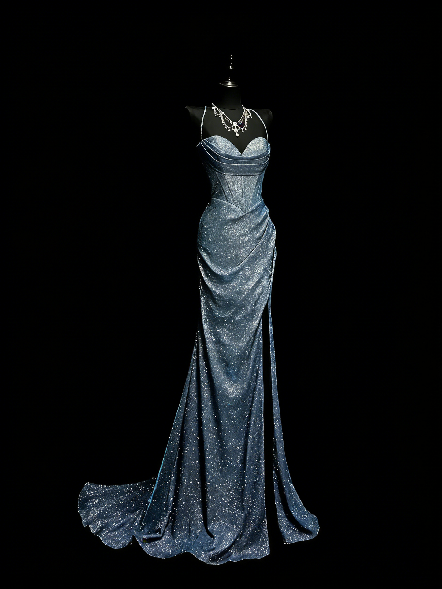 Stunning Mermaid Spaghetti Straps Navy Blue Sequins Long Prom Dresses Evening Outfits Formal Dress N993