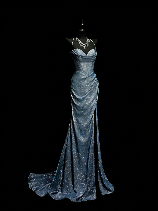 Robe de bal longue sirène à fines bretelles et sequins bleu marine, tenue de soirée élégante N993