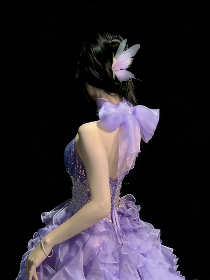 Robe de bal princesse lilas décolleté cœur corset dos ajusté à volants étagés robe de soirée robe de cérémonie N991