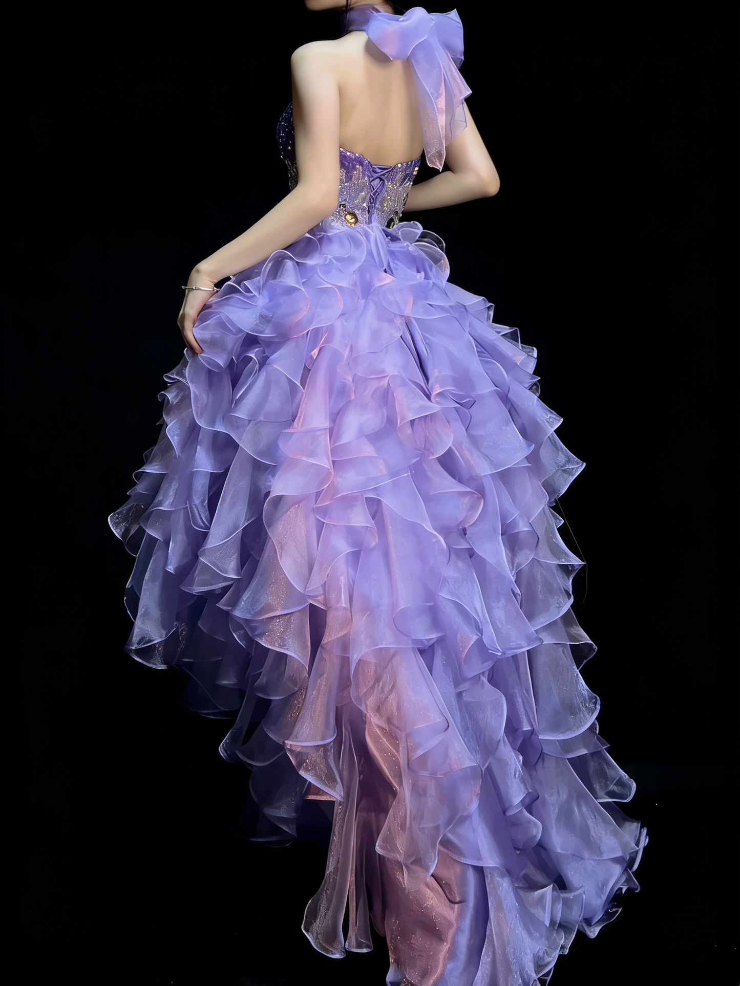 Robe de bal princesse lilas décolleté cœur corset dos ajusté à volants étagés robe de soirée robe de cérémonie N991