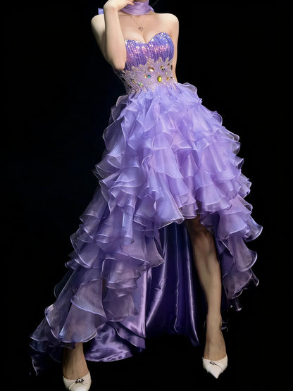 Robe de bal princesse lilas décolleté cœur corset dos ajusté à volants étagés robe de soirée robe de cérémonie N991