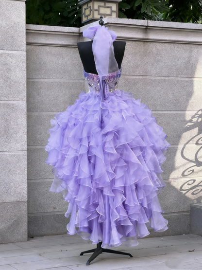 Robe de bal princesse lilas décolleté cœur corset dos ajusté à volants étagés robe de soirée robe de cérémonie N991