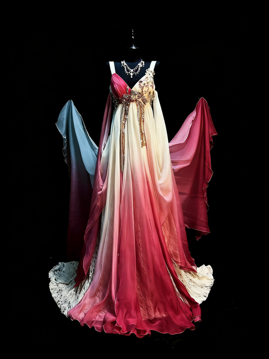 Robe de bal longue en mousseline multicolore à fines bretelles et coupe trapèze, N994