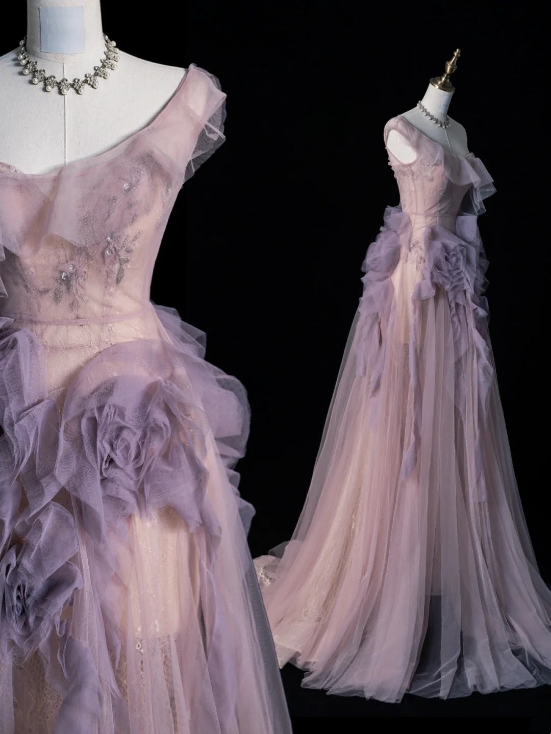 Robe de bal sobre en tulle lilas à corsage orné d'appliqués, tenue de soirée longue pour les études supérieures, robe de fin d'études N1211