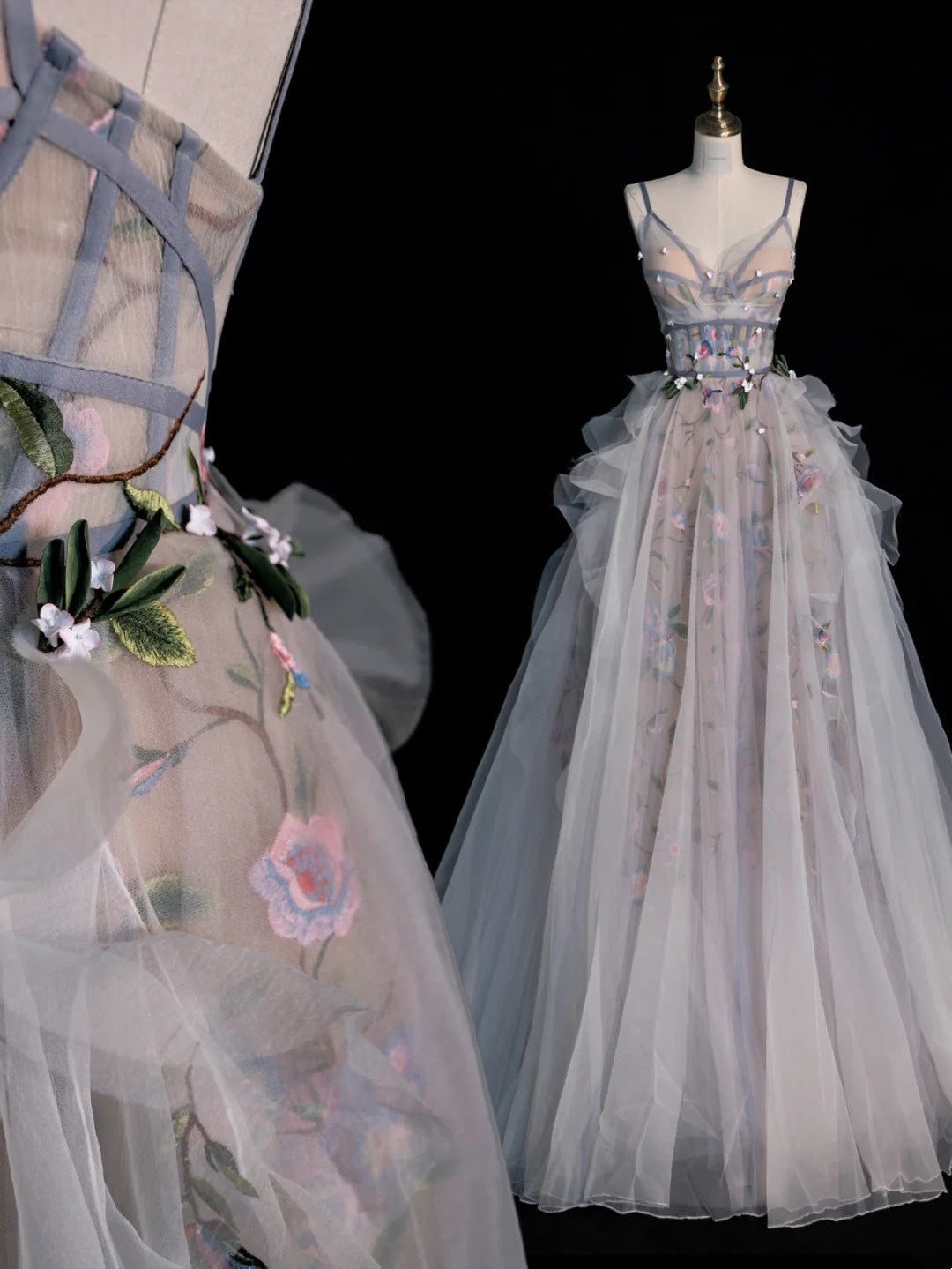 Robe de bal sobre en tulle gris à fines bretelles et corsage orné d'appliqués, idéale pour une soirée étudiante ou un bal de fin d'année (N1212).