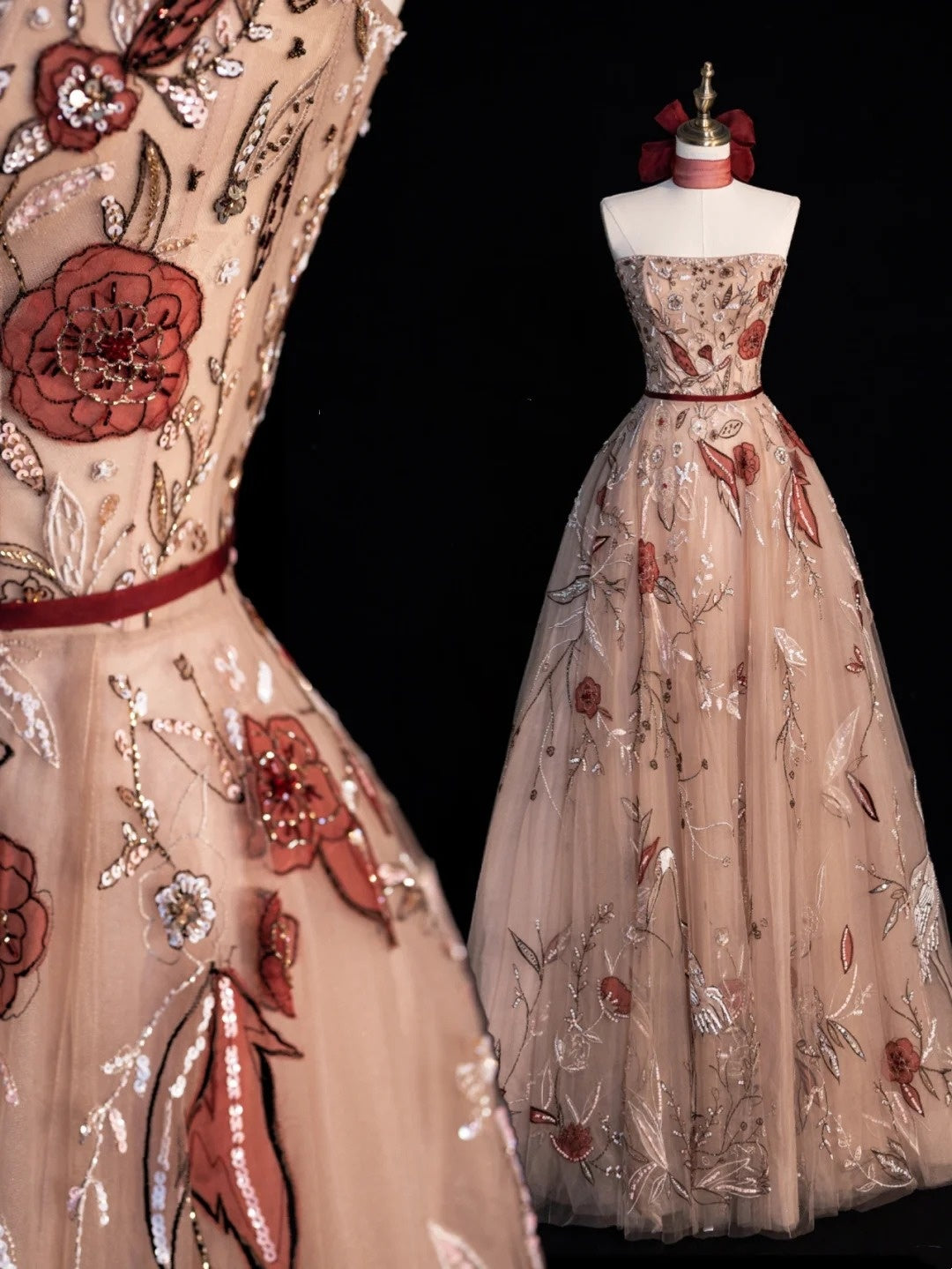 Robe de bal modeste sans bretelles en tulle rose avec corsage orné d'appliqués, tenue de soirée élégante pour les études supérieures, inspiration robe de bal de fin d'année N1213