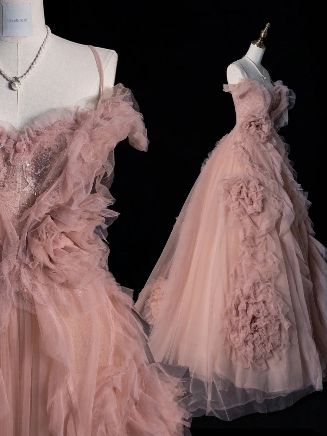 Robe de bal longue rose en tulle à fines bretelles - Inspiration robes de soirée - Robe de bal formelle N1214