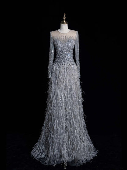 Robe de bal longue gris argenté à col rond et plumes, coupe trapèze, style modeste, idéale pour les études supérieures ou la remise de diplômes (N1210)