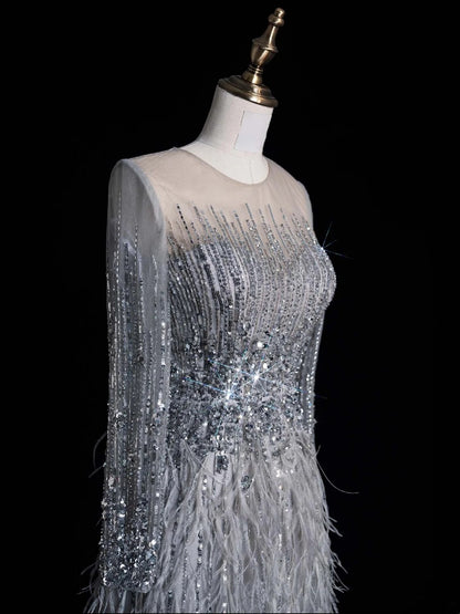 Robe de bal longue gris argenté à col rond et plumes, coupe trapèze, style modeste, idéale pour les études supérieures ou la remise de diplômes (N1210)