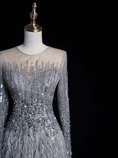 Robe de bal longue gris argenté à col rond et plumes, coupe trapèze, style modeste, idéale pour les études supérieures ou la remise de diplômes (N1210)