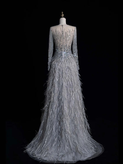 Robe de bal longue gris argenté à col rond et plumes, coupe trapèze, style modeste, idéale pour les études supérieures ou la remise de diplômes (N1210)