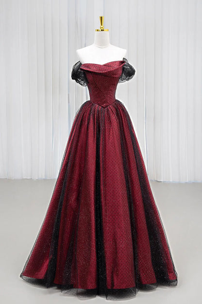 Schwarzes und rotes Tüll-Abendkleid, langes A-Linien-Kleid mit schulterfreiem Schnitt, auch als Hochzeits- oder Partykleid geeignet, Geburtstagskleid AB916