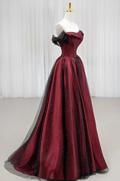 Schwarzes und rotes Tüll-Abendkleid, langes A-Linien-Kleid mit schulterfreiem Schnitt, auch als Hochzeits- oder Partykleid geeignet, Geburtstagskleid AB916