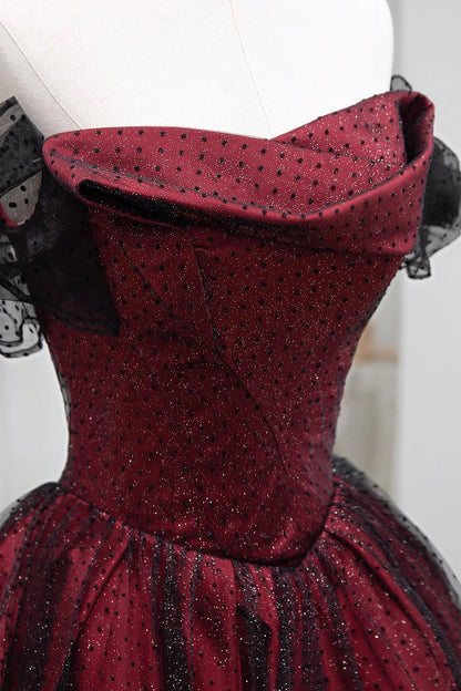Schwarzes und rotes Tüll-Abendkleid, langes A-Linien-Kleid mit schulterfreiem Schnitt, auch als Hochzeits- oder Partykleid geeignet, Geburtstagskleid AB916
