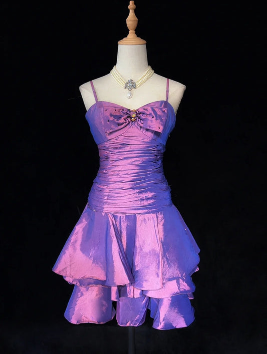 Vintage Ballkleid Spaghettiträger Taft Lila Y2K 2000er Kurzes Mini-Partykleid Abschlussballkleid N3197