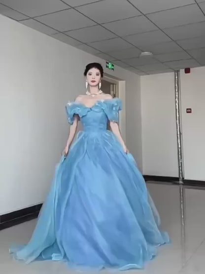 Prinzessinnen-Ballkleid, schulterfrei, blau, Inspiration für lange Party-Nachtkleider, Outfits zum 20. Geburtstag AB2240