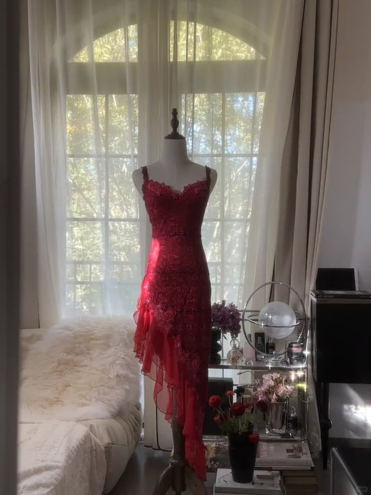 Elegante rote Spaghettiträger Etuikleid Spitze Chiffon kurze Ballkleider Vintage Abendkleider RF0909