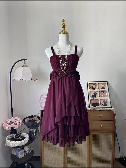 Vintage A Line Spaghetti Strap Burgundy Chiffon With Flowers 16th Birthday Homecoming Dress Graduation Outfits RB6804