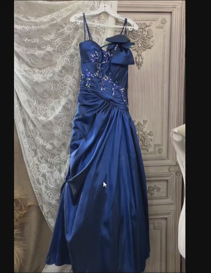Vintage-Abendkleider im Stil der 90er Jahre, formell, A-Linie, One-Shoulder, marineblauer Satin mit Perlenstickerei, lange Partykleider, Ballkleider AS021