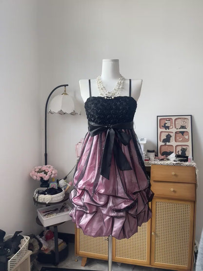 Vintage Ball Gown Spaghetti Strap Pink Satin Black Tulle 16th Birthday Homecoming Dress Graduation Outfit RB6790