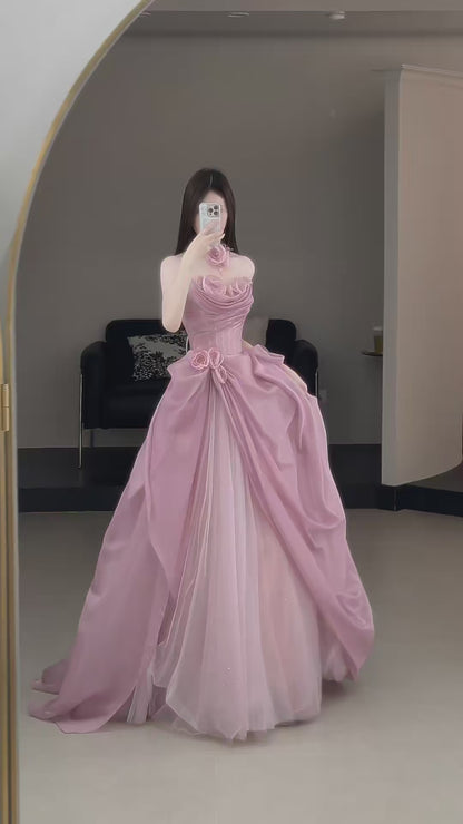Hübsches Ballkleid Trägerlos Rosa Bodenlangen Tüll Blumen Ballkleider Abendkleid Geburtstag Outfits Abendkleid AU005