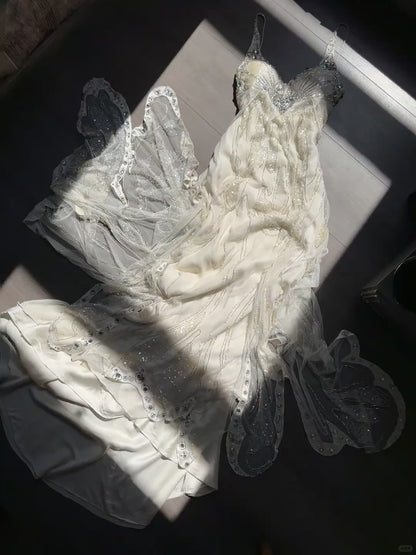 Charmante Abschlussballkleider Meerjungfrau Spaghettiträger Champagner Chiffon Bodenlang Abendoutfits N3584