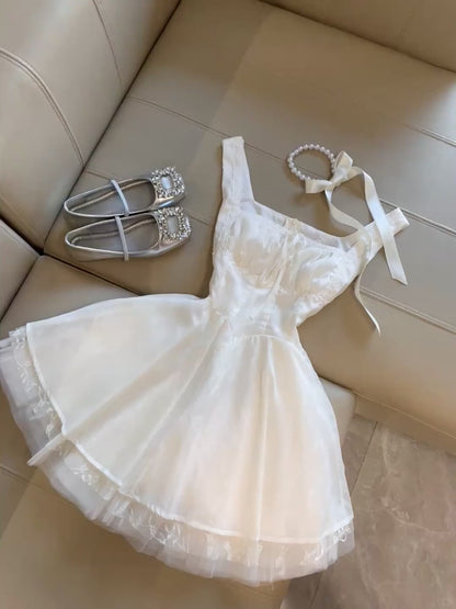 Süßes weißes A-Linien-Tüllkleid mit quadratischem Ausschnitt, kurzes Geburtstags-/Abendkleid, Partykleid RF0919