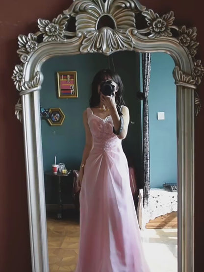 Robe de bal vintage années 1960, rose, col en V, volants et dentelle, inspiration robe de soirée longue, tenue pour un 18e anniversaire AB2379