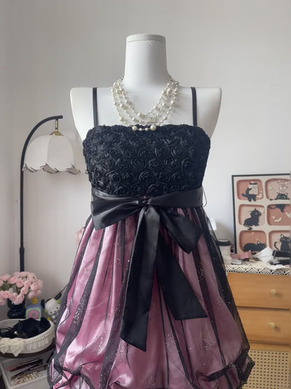 Vintage Ball Gown Spaghetti Strap Pink Satin Black Tulle 16th Birthday Homecoming Dress Graduation Outfit RB6790
