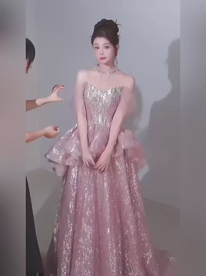 Sparkly A Line 2026 Strapless Pink Sequins Prom Dresses Inspiration Long Party Night Evening Gowns 19th Birthday Outfits AB2266