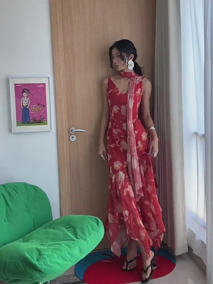 Robe de bal vintage années 1950, sirène, col en V, en mousseline à fleurs avec foulard, inspiration robe de soirée longue, tenue pour un 18e anniversaire AB2378