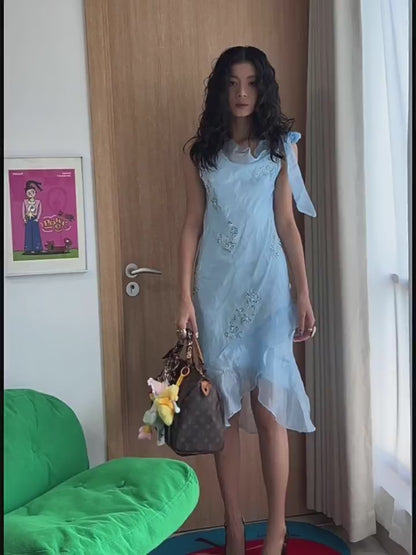 Robe de bal vintage années 80, bleu sirène, longueur genou, ornée de perles, inspiration soirée, tenue pour un 18e anniversaire AB2373
