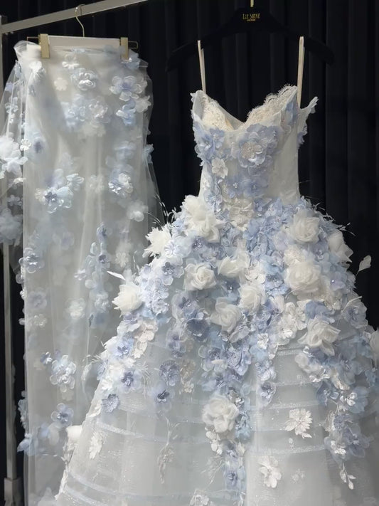 Robe de mariée trapèze en tulle blanc sans bretelles, style conte de fées, avec appliques 3D, RF0656