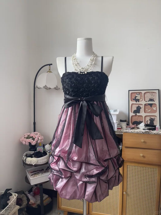 Vintage Ball Gown Spaghetti Strap Pink Satin Black Tulle 16th Birthday Homecoming Dress Graduation Outfit RB6790